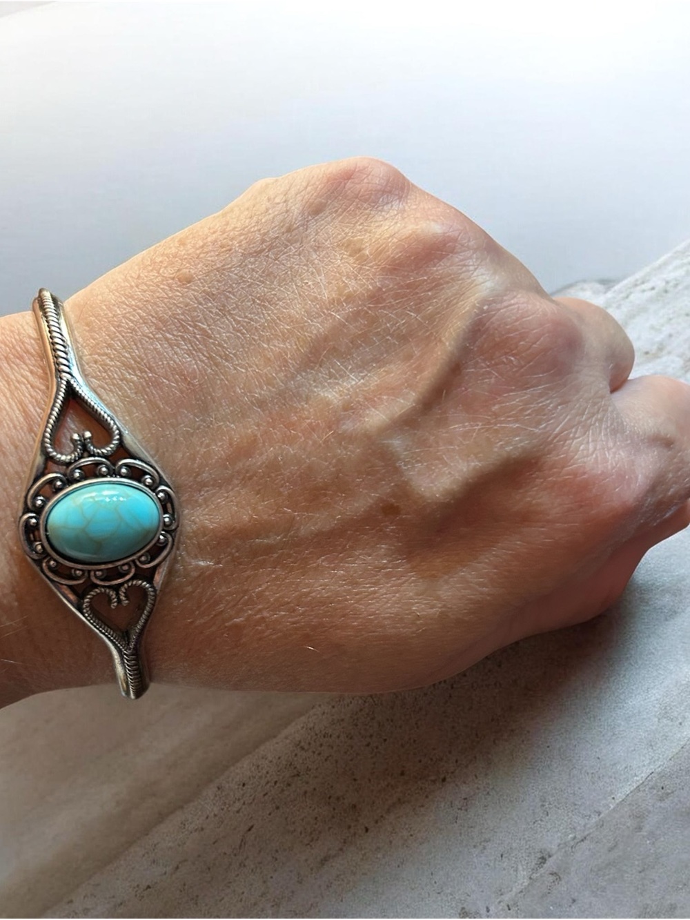 Turquoise Stone Silver-Tone Cuff Bracelet - Women faux Jewelry - Picture 2 of 4